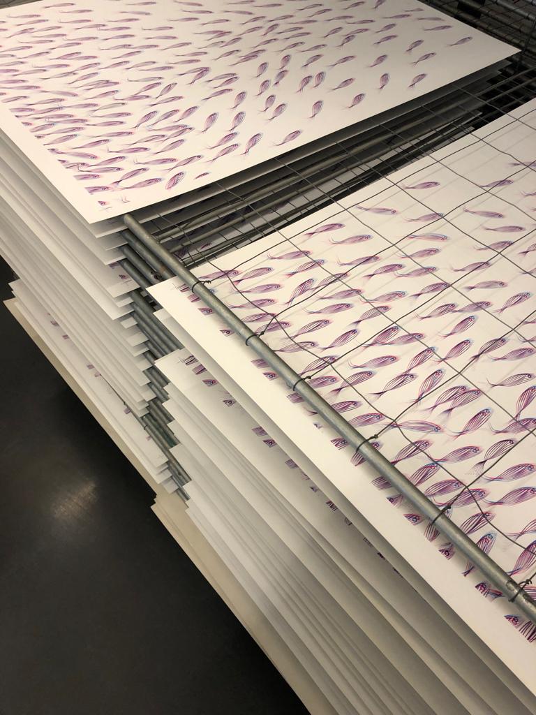 Textile application featuring the Be Brave fish illustration