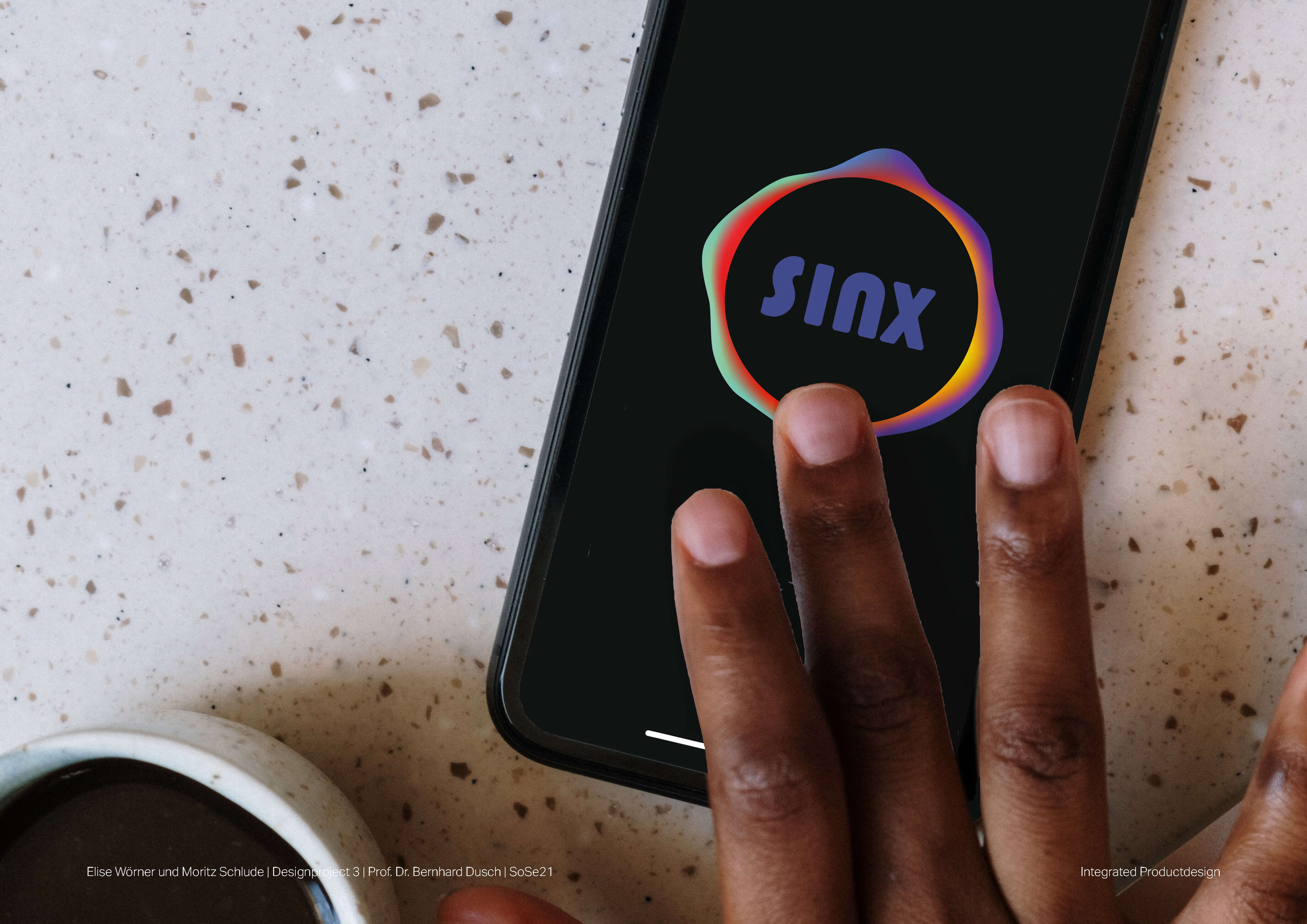 SINX app start screen in hand