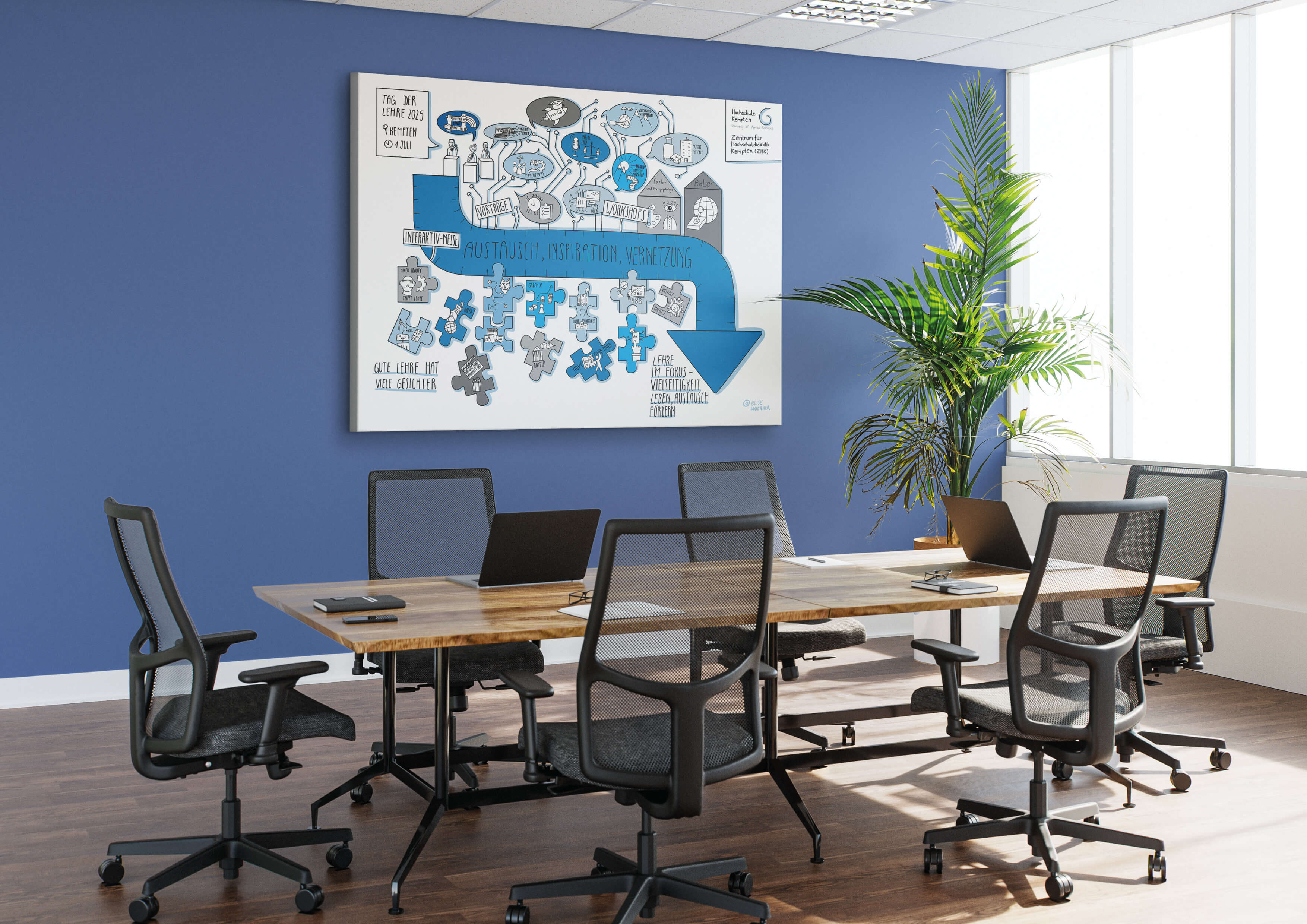 Large-format graphic recording spread across a wall