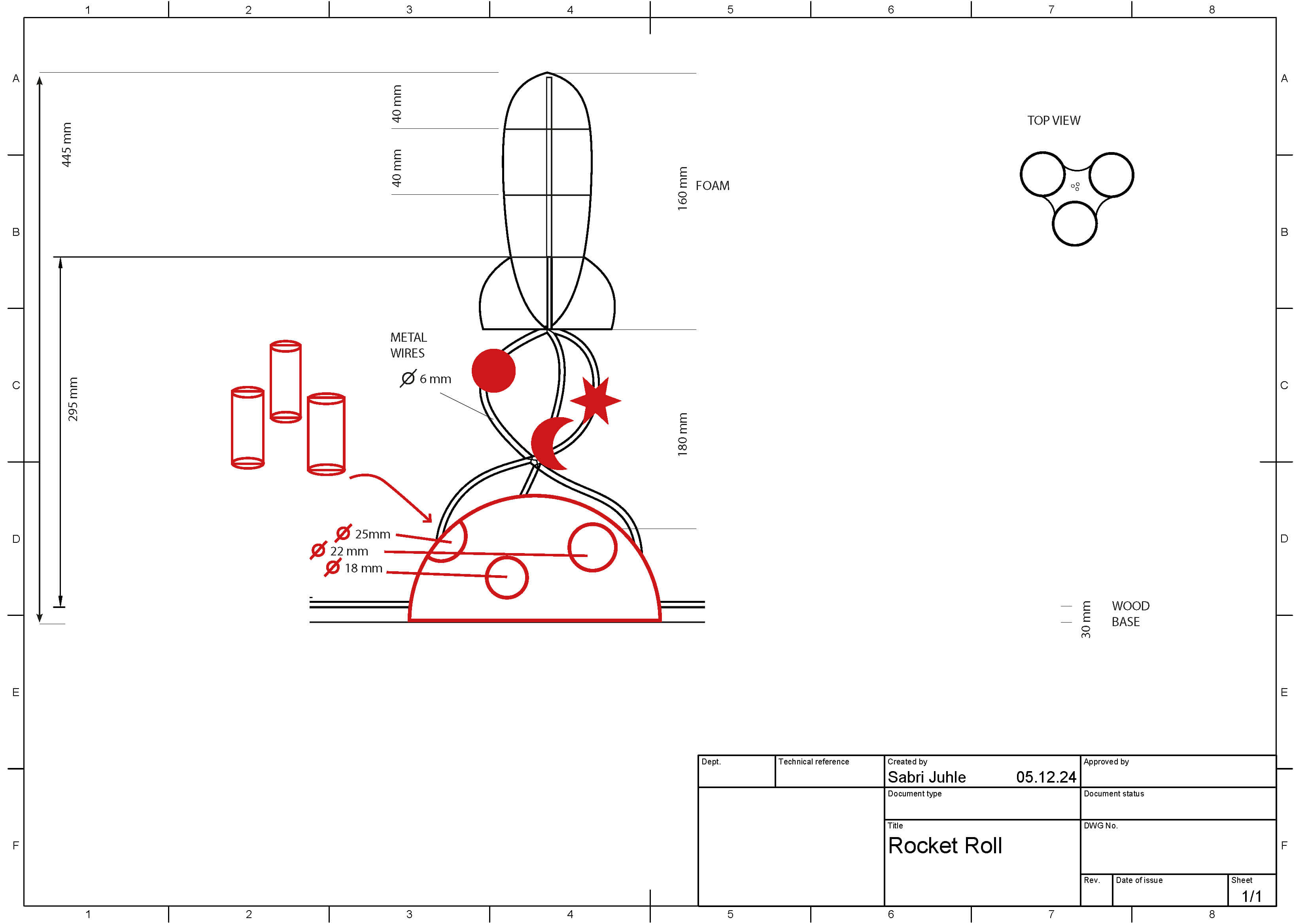 Rocket toy shown with parts arranged around the body