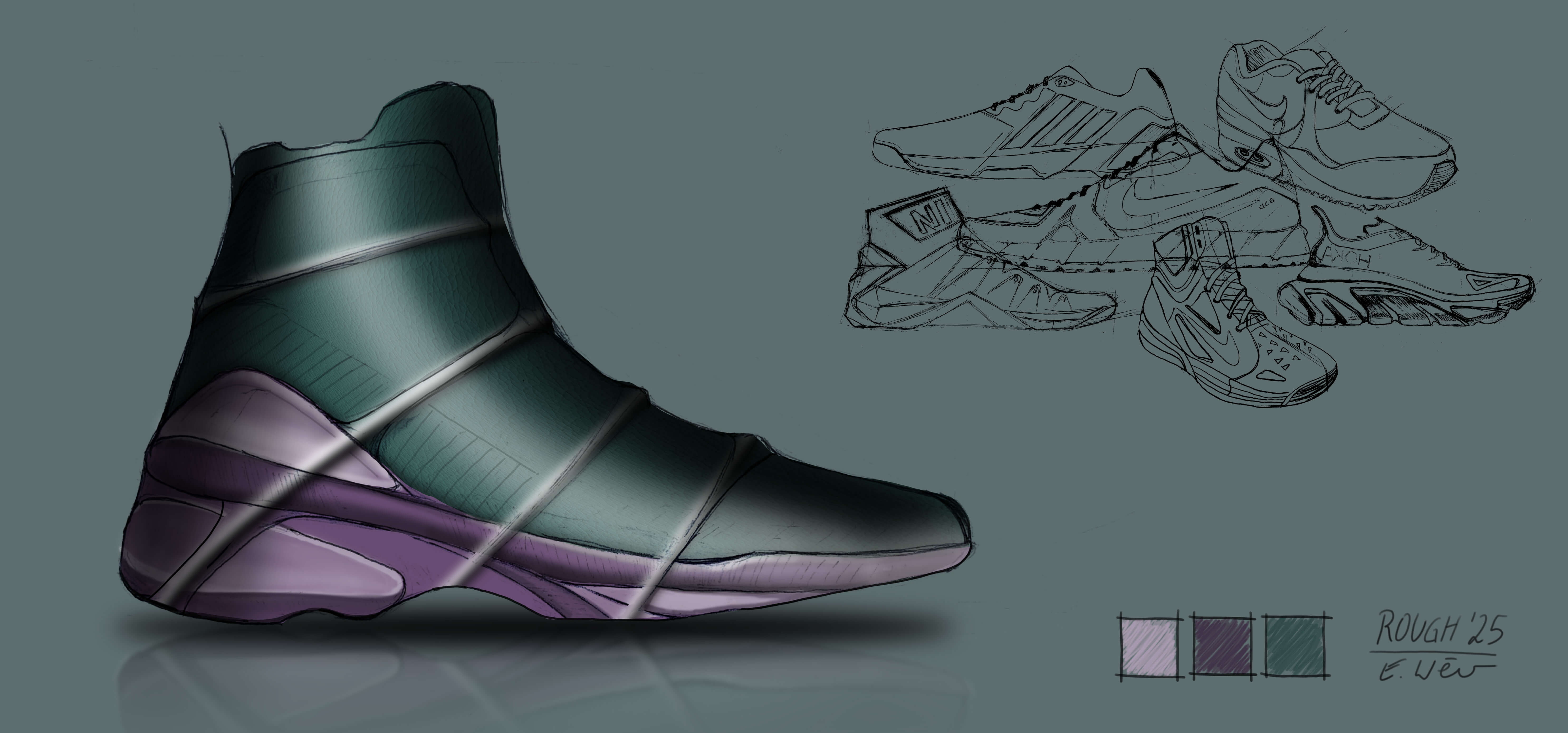 Wide collage of hand-drawn product and object sketches