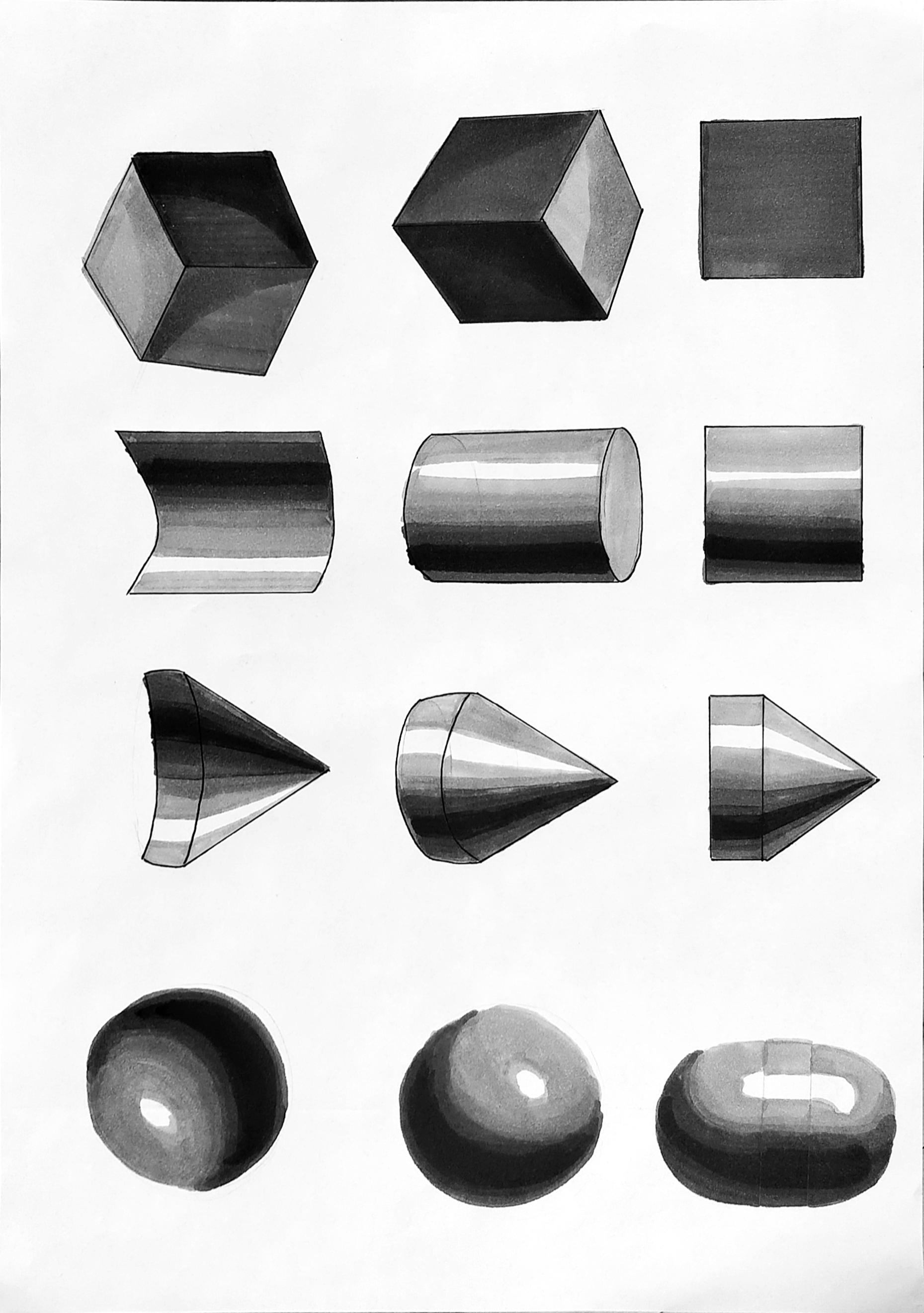 Vertical page of exploratory object sketches